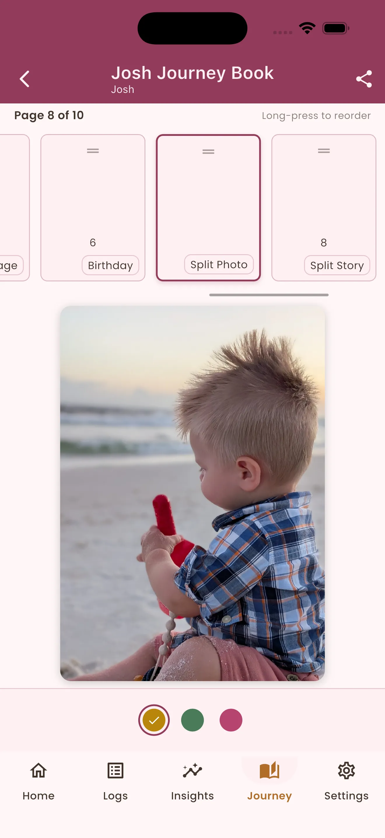 Journey Book editor with a full-bleed photo page and reorderable page strip