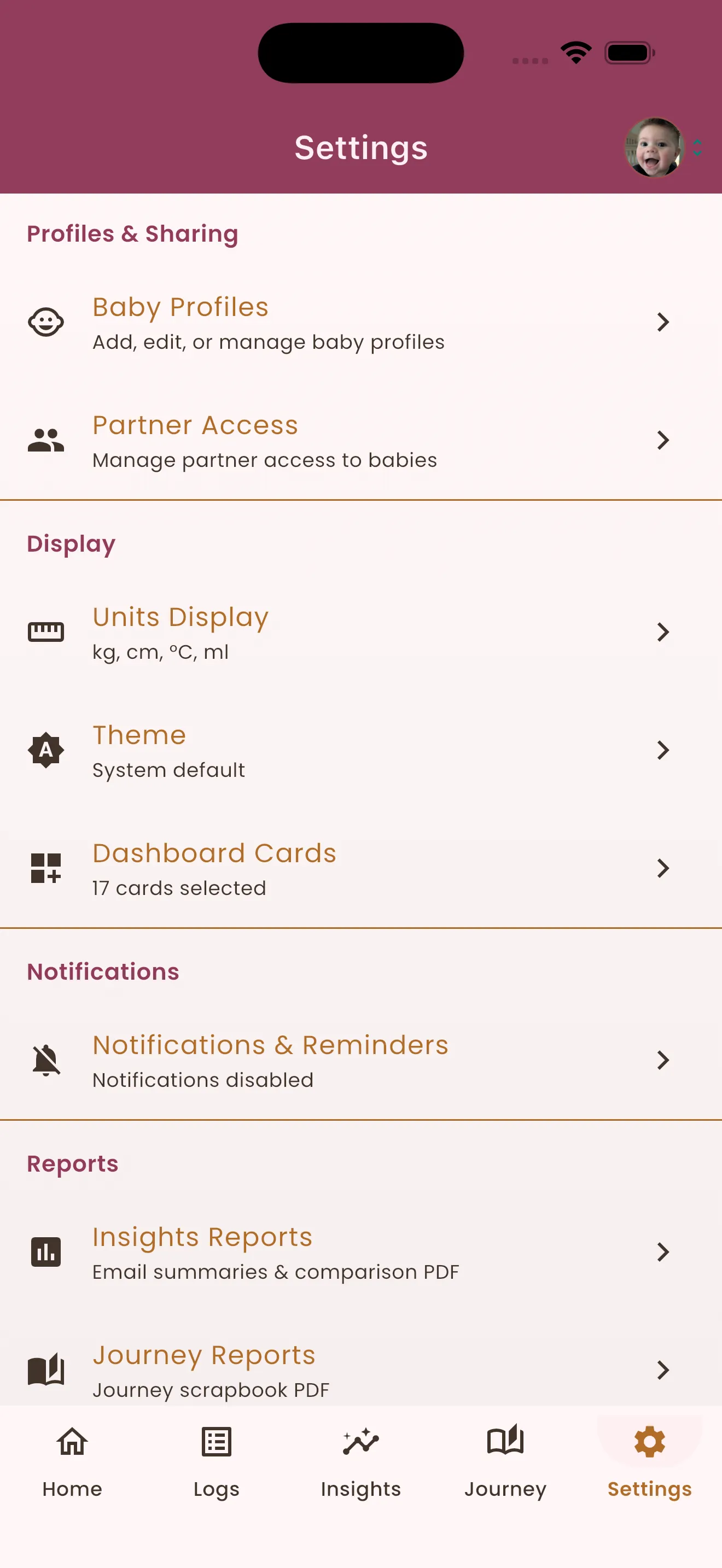 Settings screen with baby profiles and partner access sharing